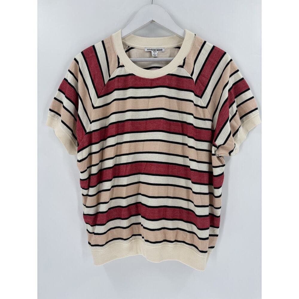 Country Road Knit Shirt Womens XL White Red Striped Short Sleeves 100% Cotton